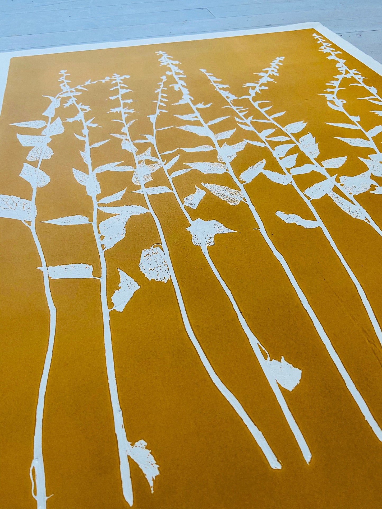 Wild Flowers Hand Pressed Botanical Monoprint on Yellow Gold - giclee print