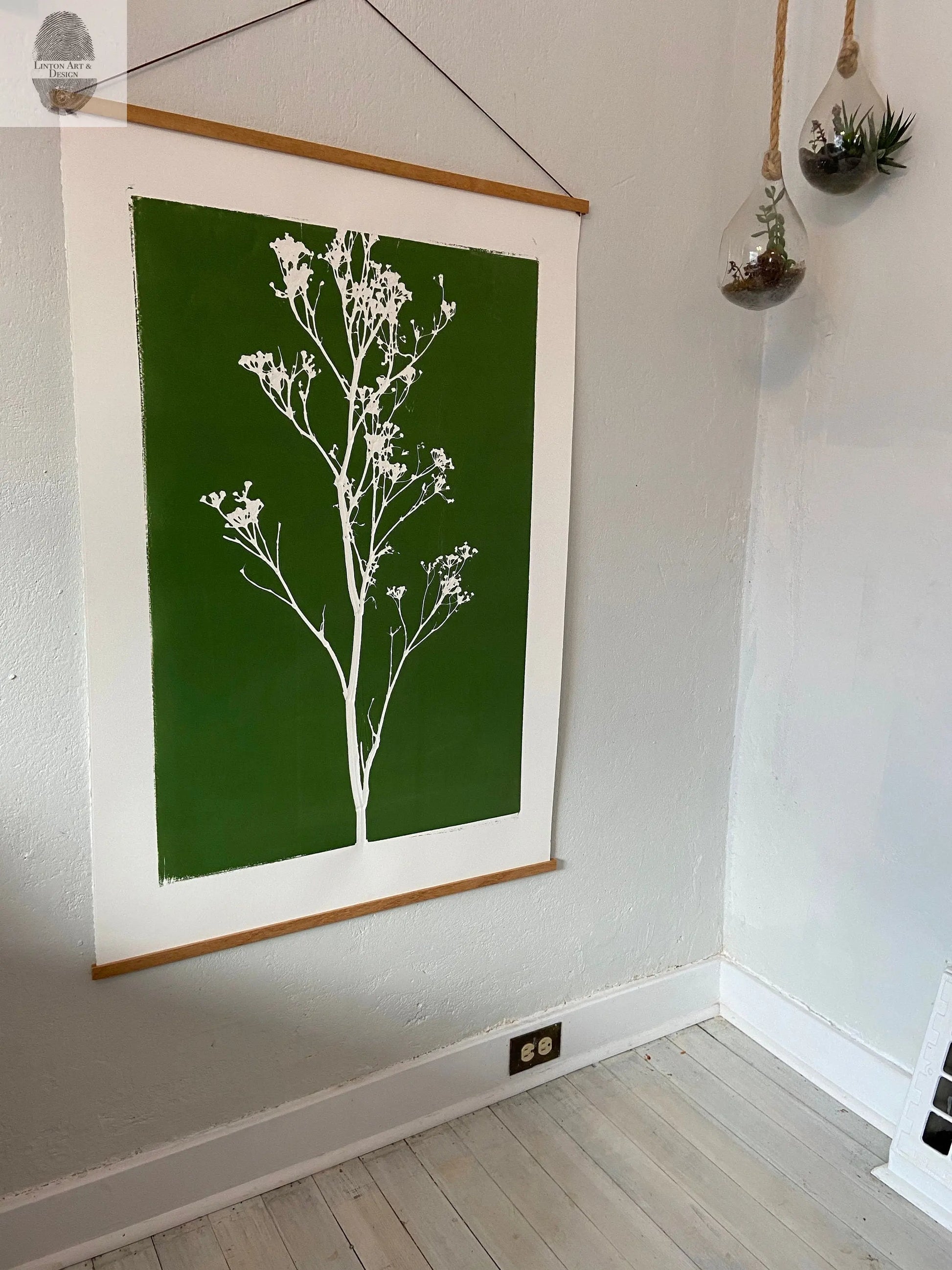 Wild Weeds Hand Pressed Monoprint on Green - giclee print lintonart