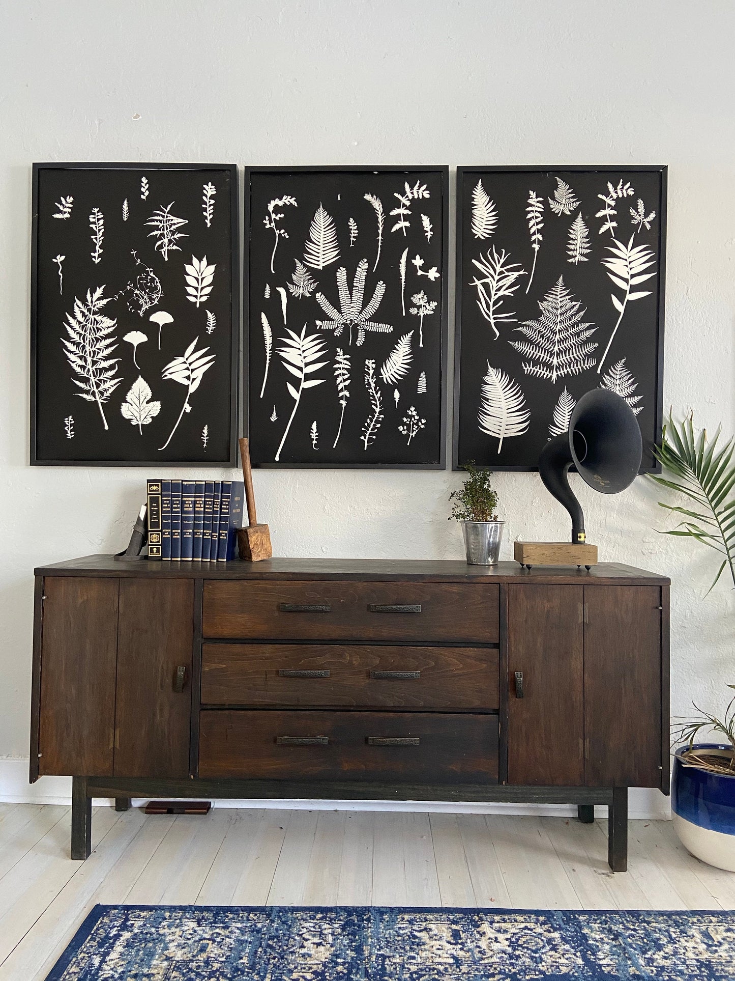 Ferns and Leaves Hand Pressed Botanical Monoprint on Black Set of 3 - 24x36 each giclee print