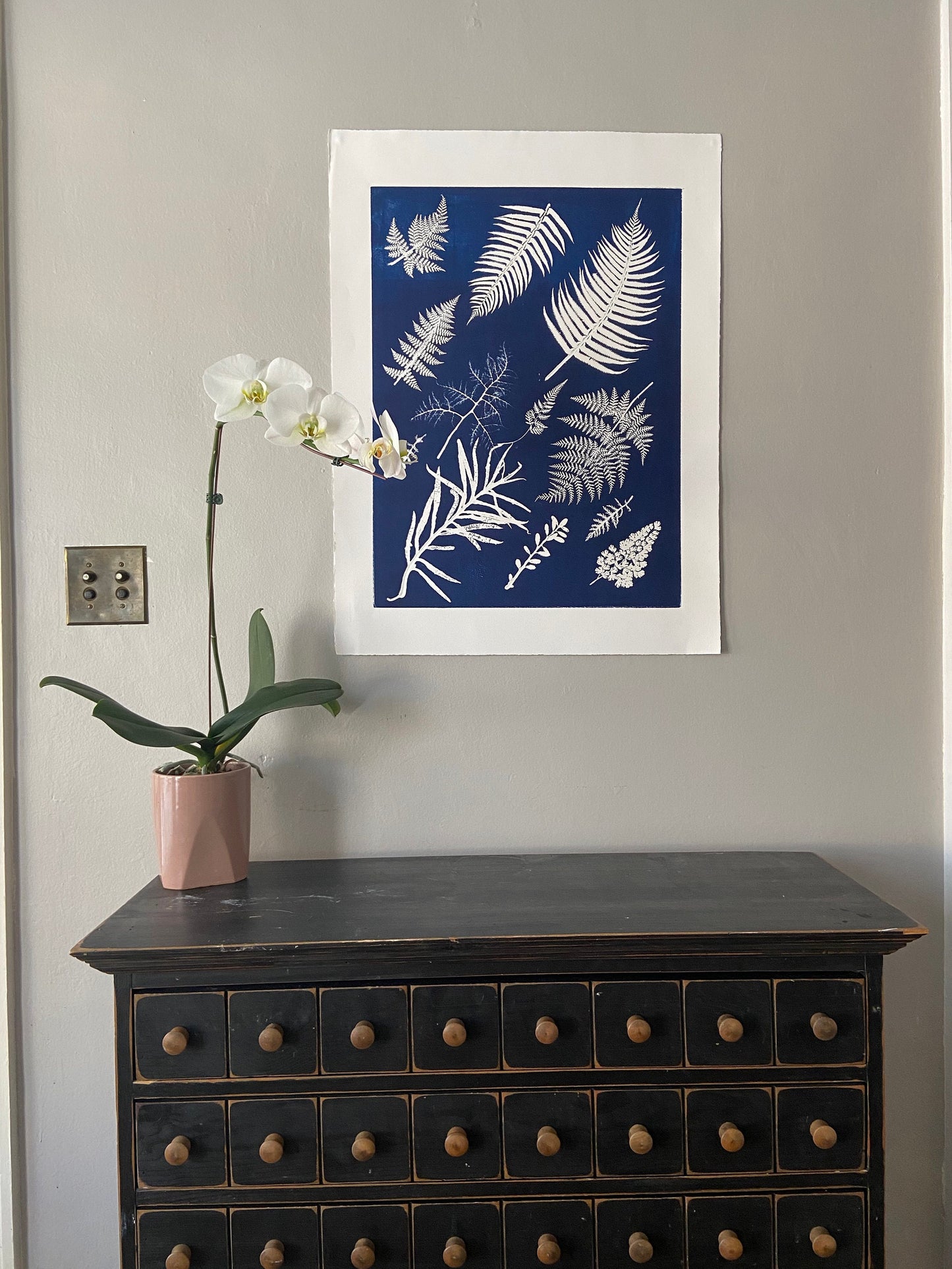 Ferns Collage Hand Pressed Botanical Monoprint on Blue - 18x24 giclee print