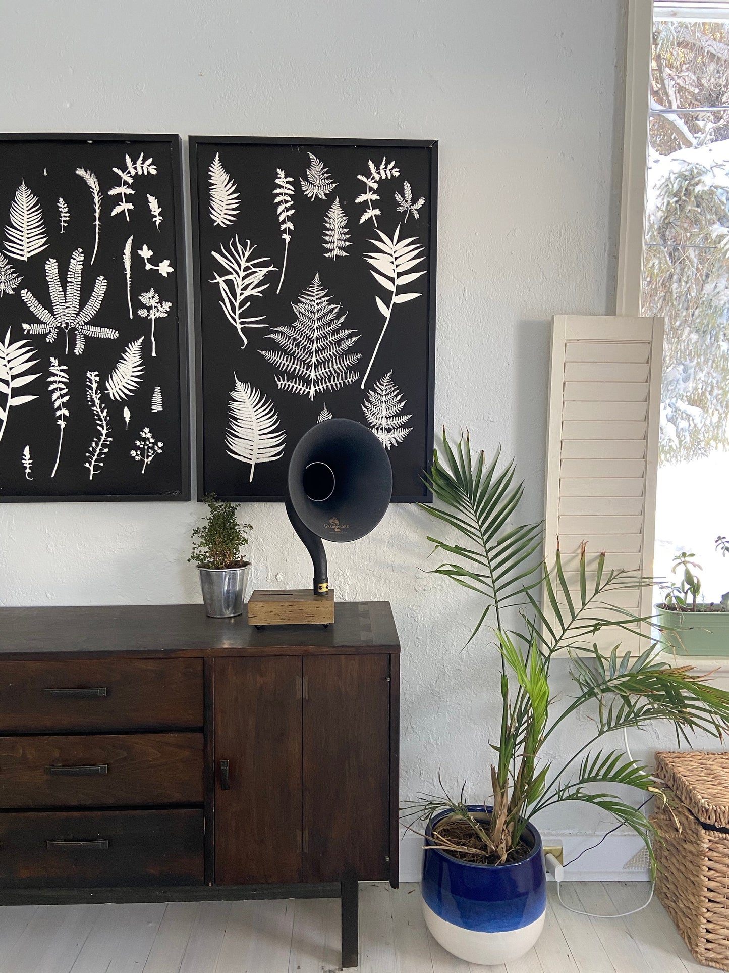 Ferns and Leaves Hand Pressed Botanical Monoprint on Black Set of 3 - 24x36 each giclee print