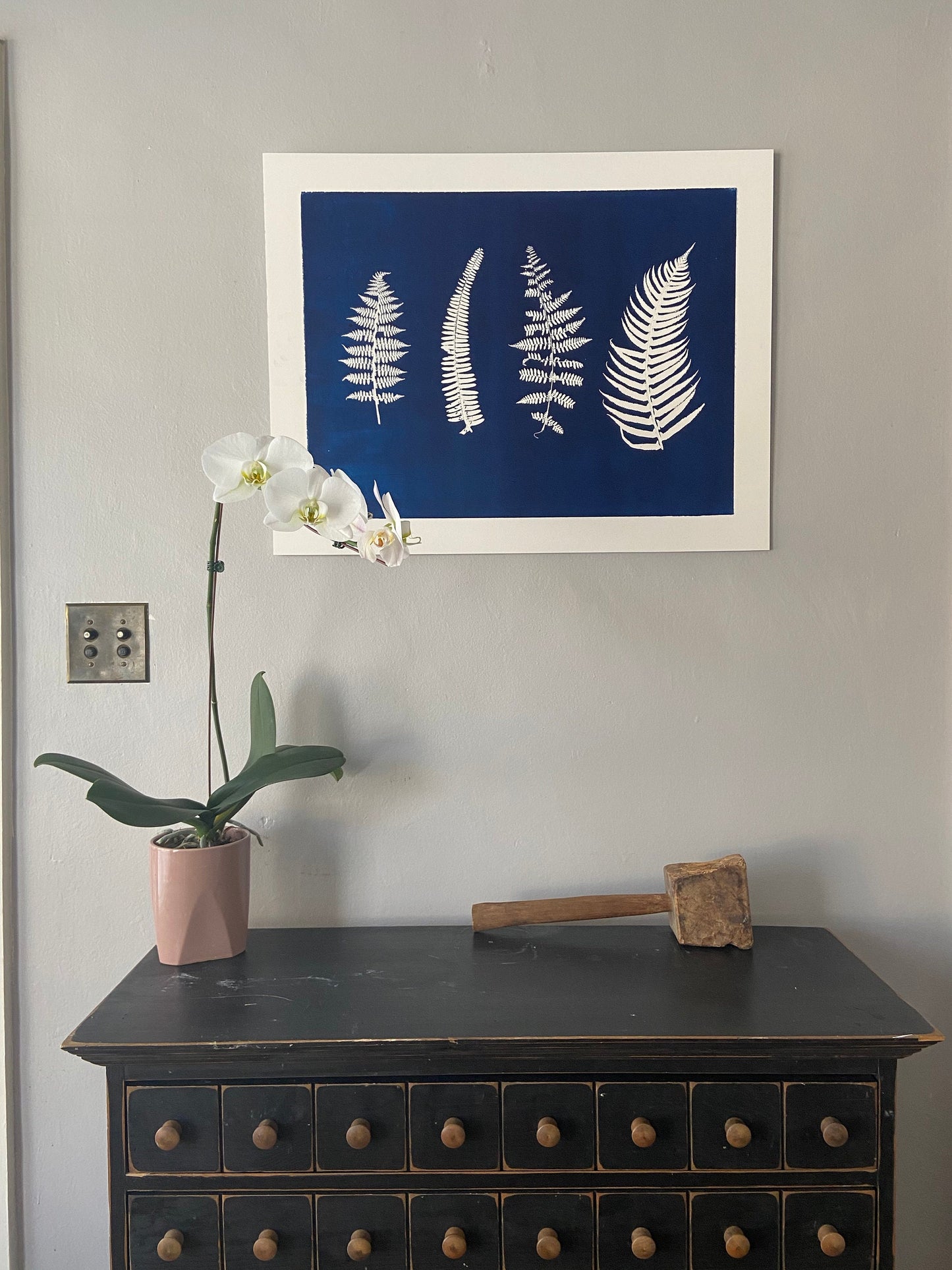 Ferns and Leaves Hand Pressed Botanical Monoprint in Blue - 18x24 giclee print