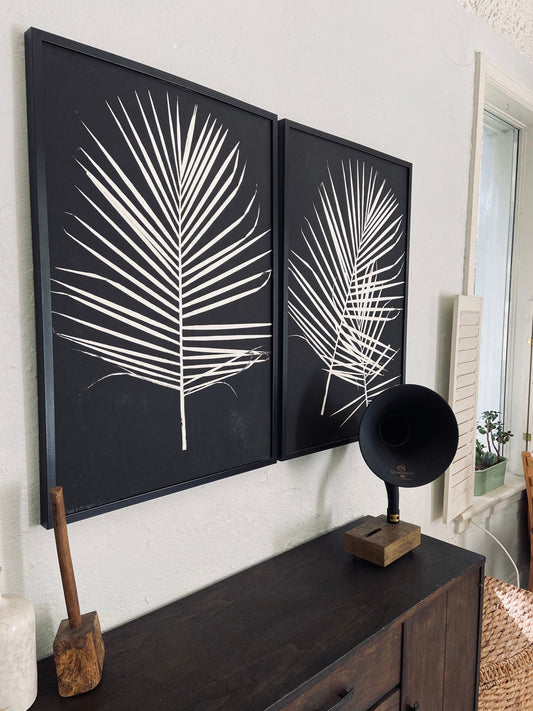 Palm Leaves Hand Pressed Monoprint on Black, Set of 2 - 24x36 giclee print