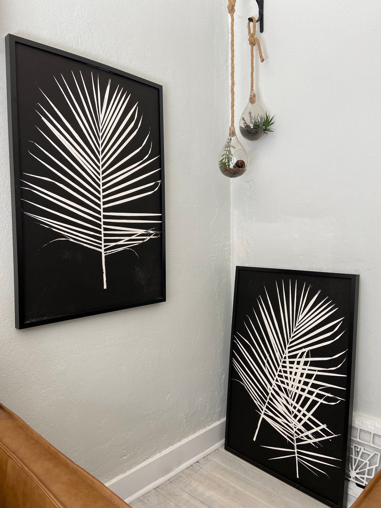 Palm Leaves Hand Pressed Monoprint on Black, Set of 2 - 24x36 giclee print