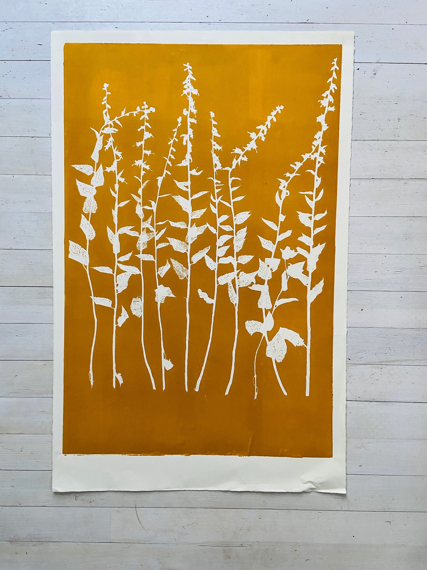 Wild Flowers Hand Pressed Botanical Monoprint on Yellow Gold - giclee print