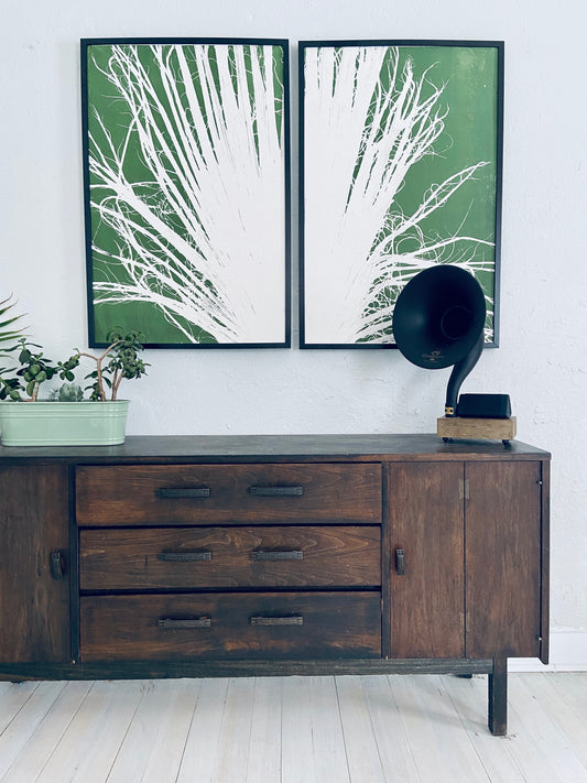 Fan Palm Leaf Diptych Hand Pressed Monoprint on Green Set of 2 - 24x36 each giclee print